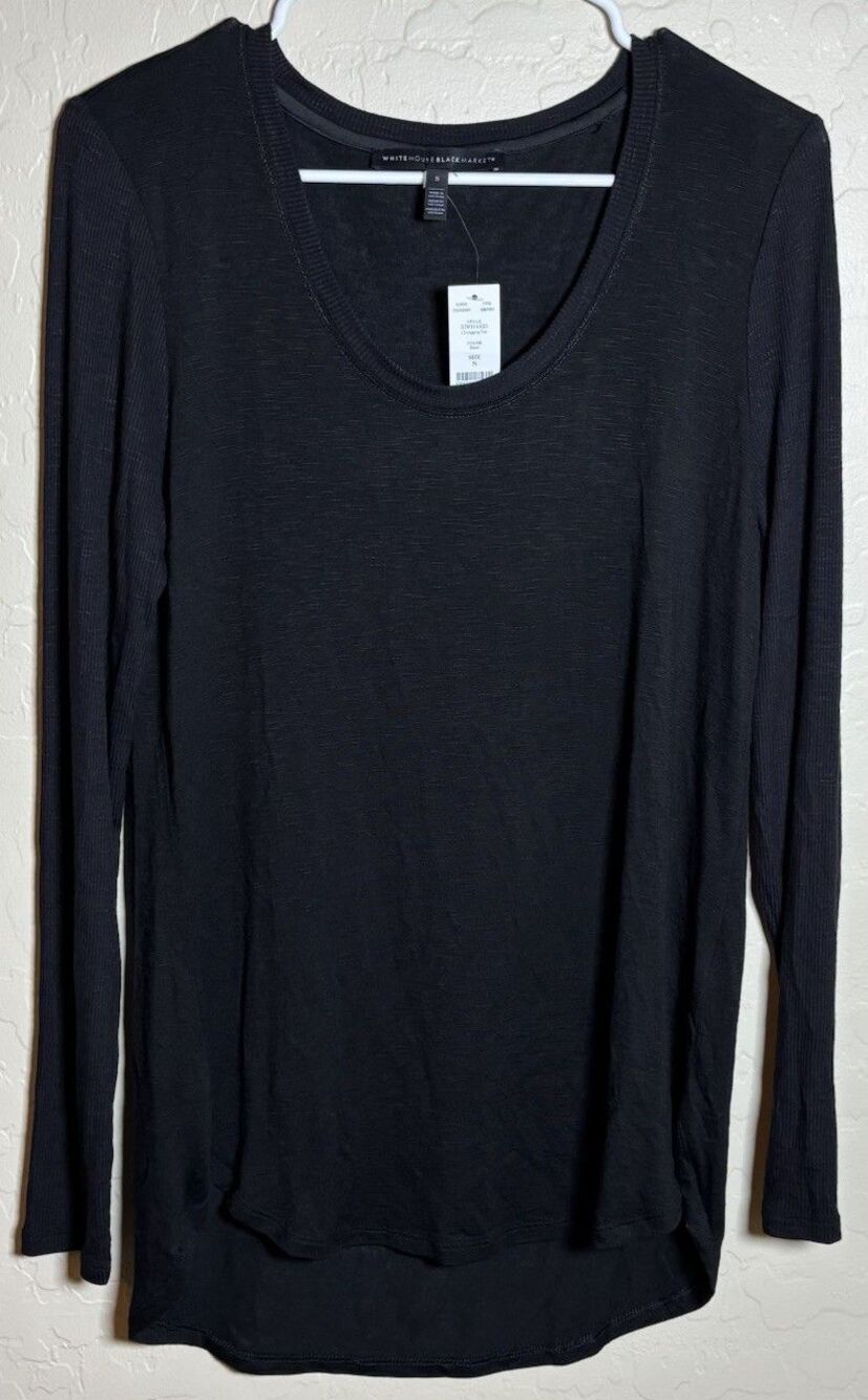 White House Black Market Womens S Black Long Sleeve Tee Ribbed High Low NWT